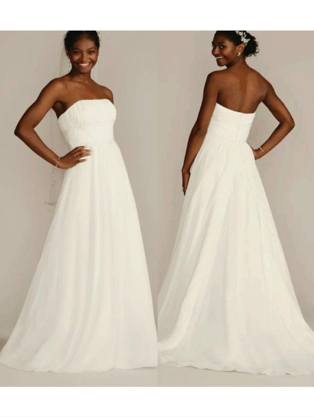 David's Bridal Strapless Chiffon A-line Beaded Lace Ruched Empire Gown Size 6